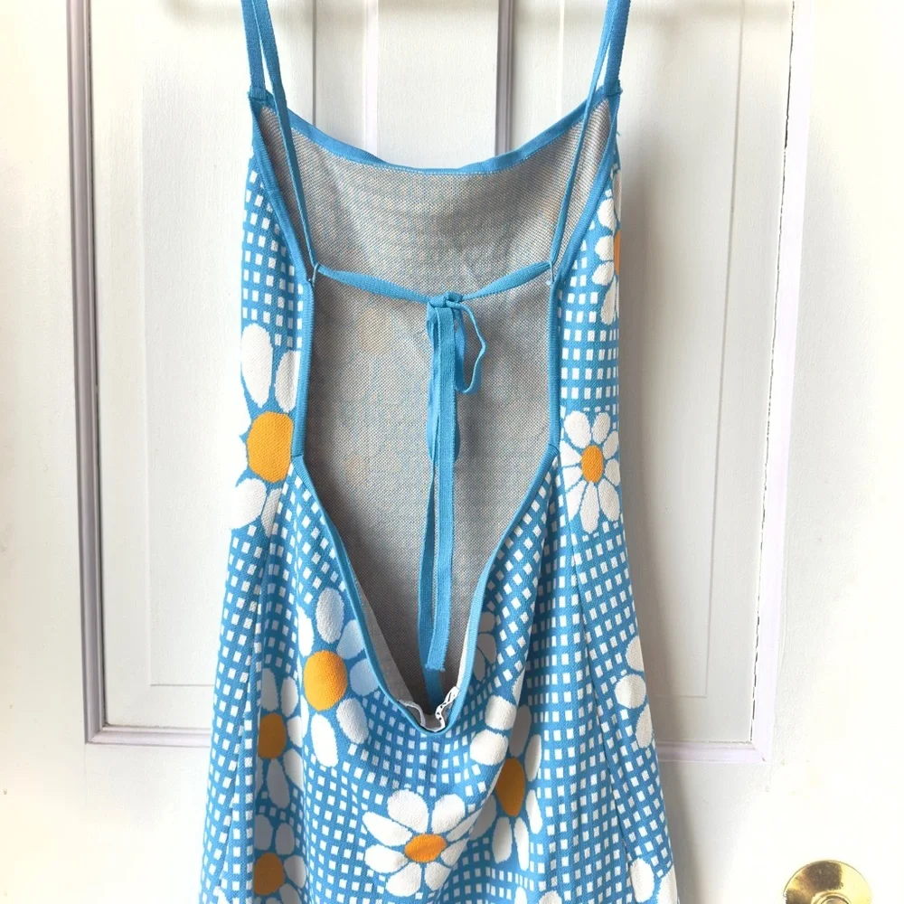 Zara Blue Gingham Daisy Knit Mini Dress Size Large - Picture 9 of 12
